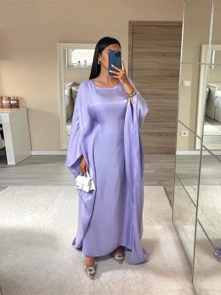 ramadan Eid Abayas For Women Modest Fashion Shimmer Batwing Satin Abaya Dubai Luxury 2024 Muslim Kaftan Dress Kebaya Vestidos--Color: Light Purple