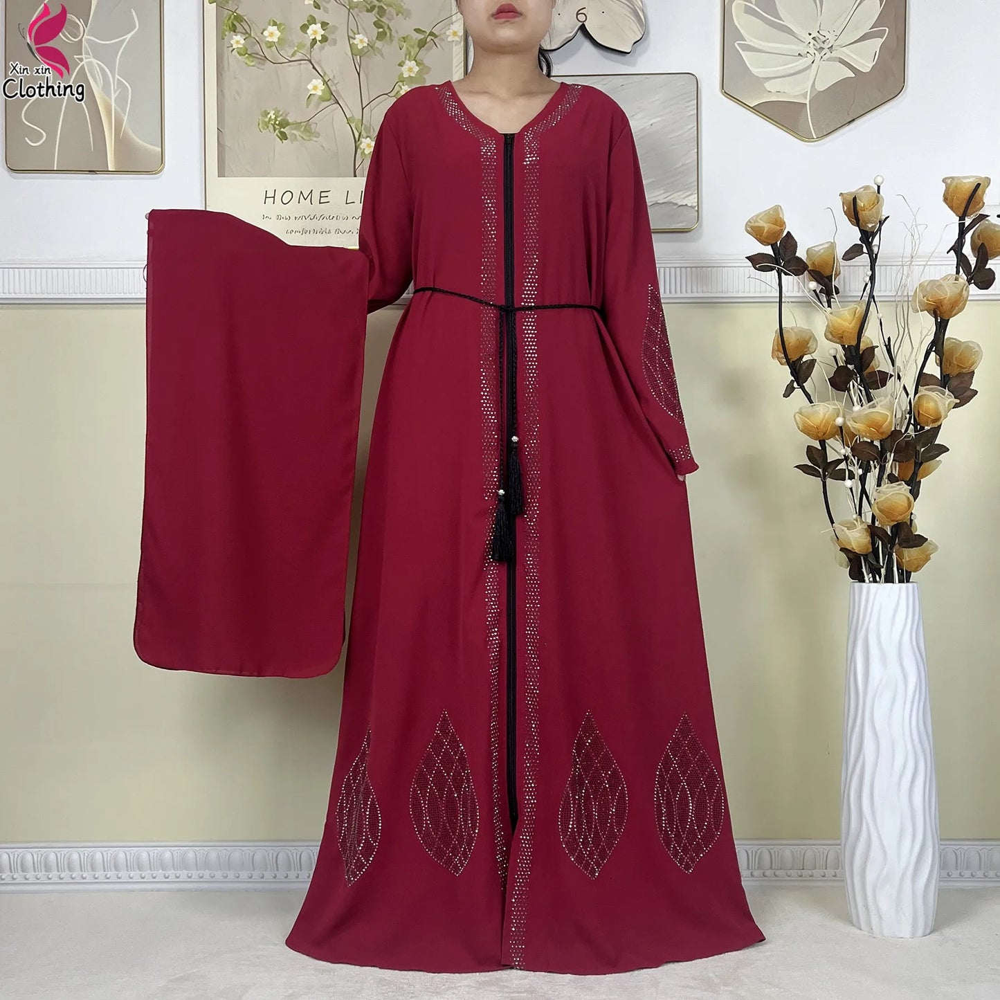 New Muslim Abayas For Women Long Sleeved Dress Dubai Lady Elegant Long Dress Islam Clothing African Abaya Loose Robe With Turban--Color: LS821-8