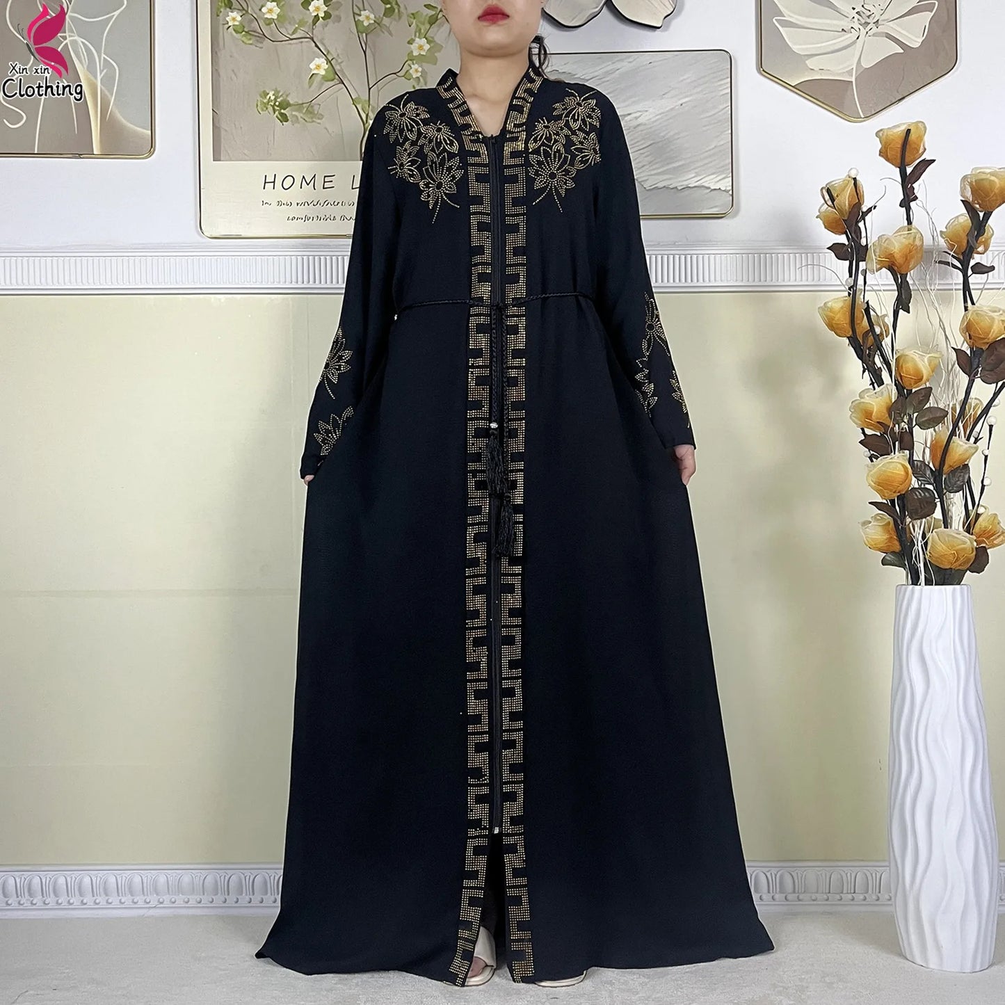 New Muslim Abayas For Women Long Sleeved Dress Dubai Lady Elegant Long Dress Islam Clothing African Abaya Loose Robe With Turban--Color: LS821-11