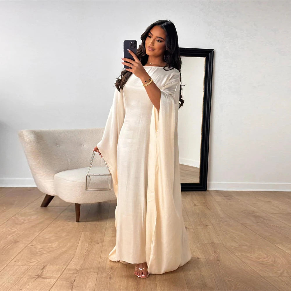 ramadan Eid Abayas For Women Modest Fashion Shimmer Batwing Satin Abaya Dubai Luxury 2024 Muslim Kaftan Dress Kebaya Vestidos--Color: Beige