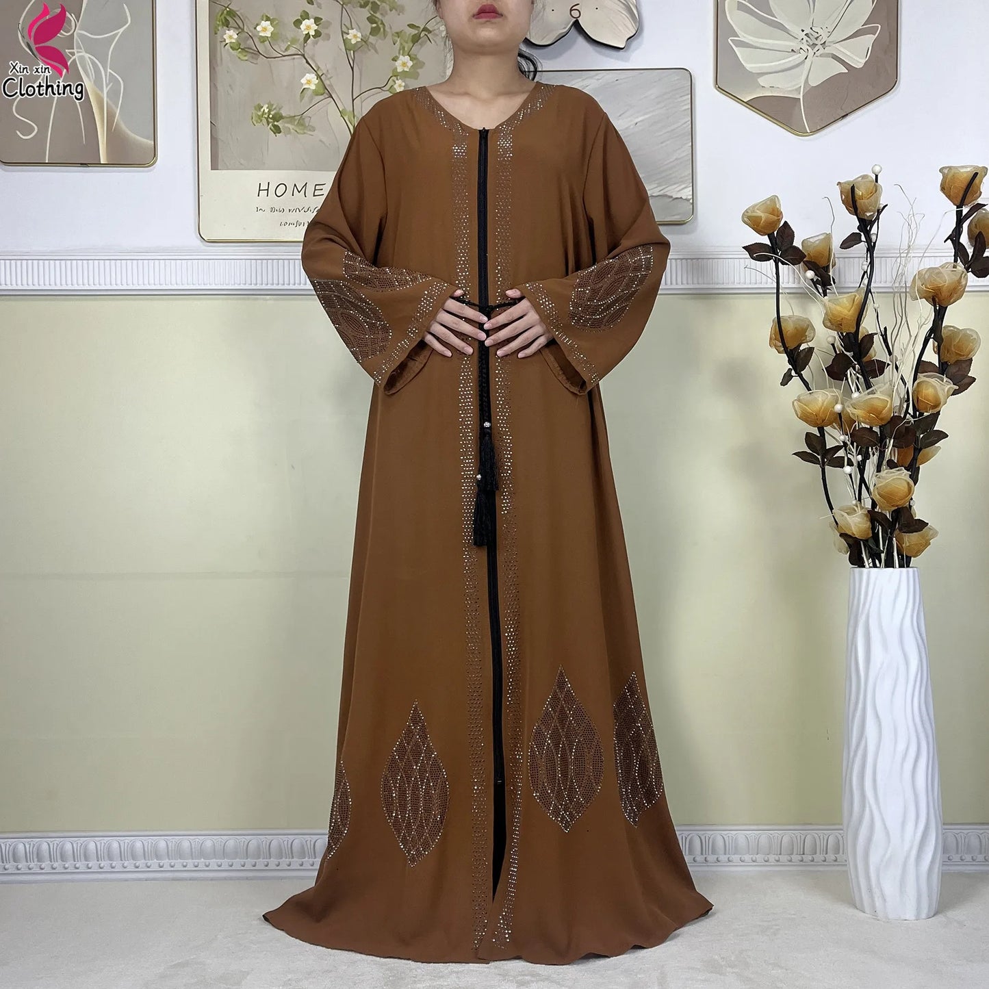 New Muslim Abayas For Women Long Sleeved Dress Dubai Lady Elegant Long Dress Islam Clothing African Abaya Loose Robe With Turban--Color: LS821-11