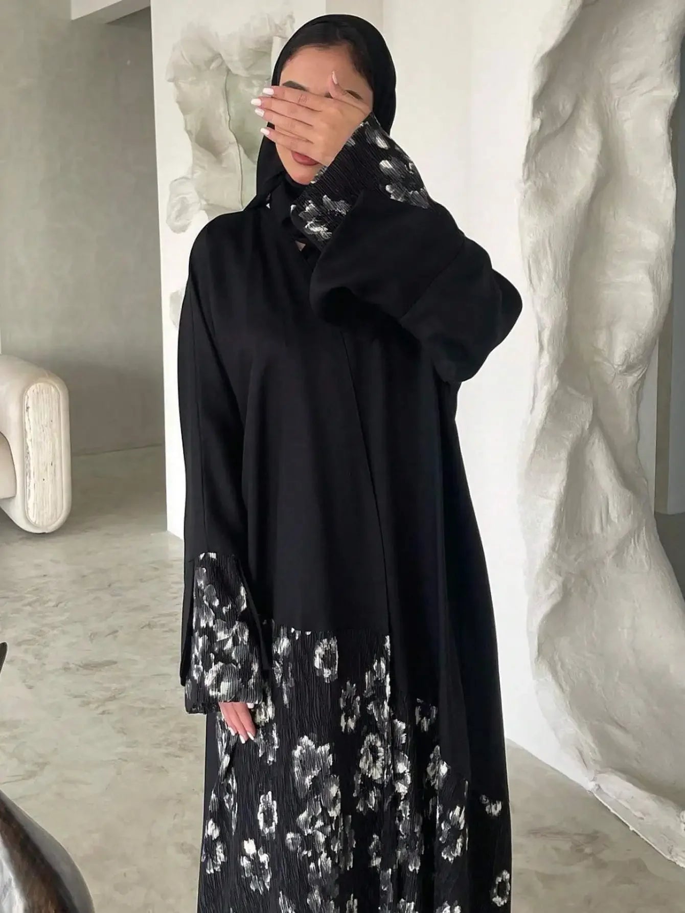 Elegant Abaya Muslim Women Long Sleeve Printed Floral Islamic Abayas Kaftans Jilbabs Maxi Dresses Middle-East Ethnic Clothing--Color: black