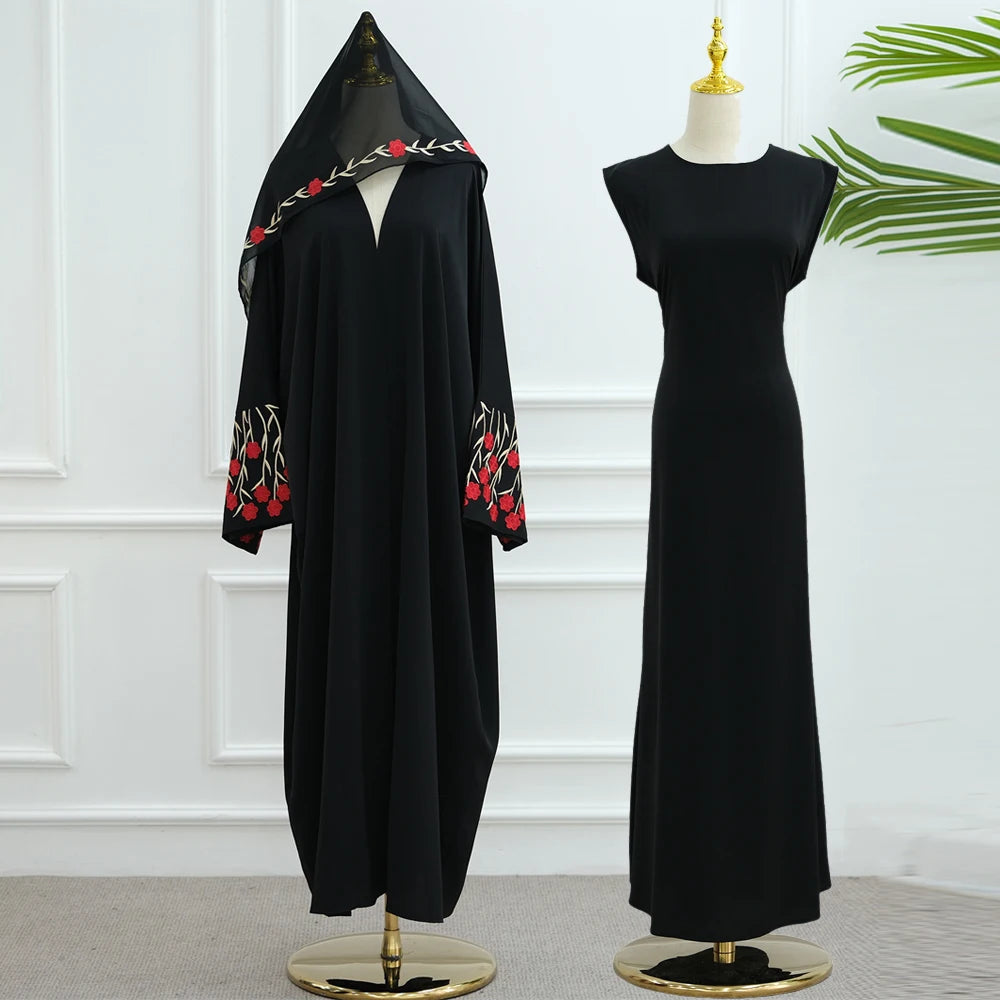 Open Abaya Dubai Embroidery Muslim Hijab Dress Women Islam Clothing Turkey Kaftan Kimono Jalabiya Kebaya Caftan Marocain Femme--Color: Red 3PCS