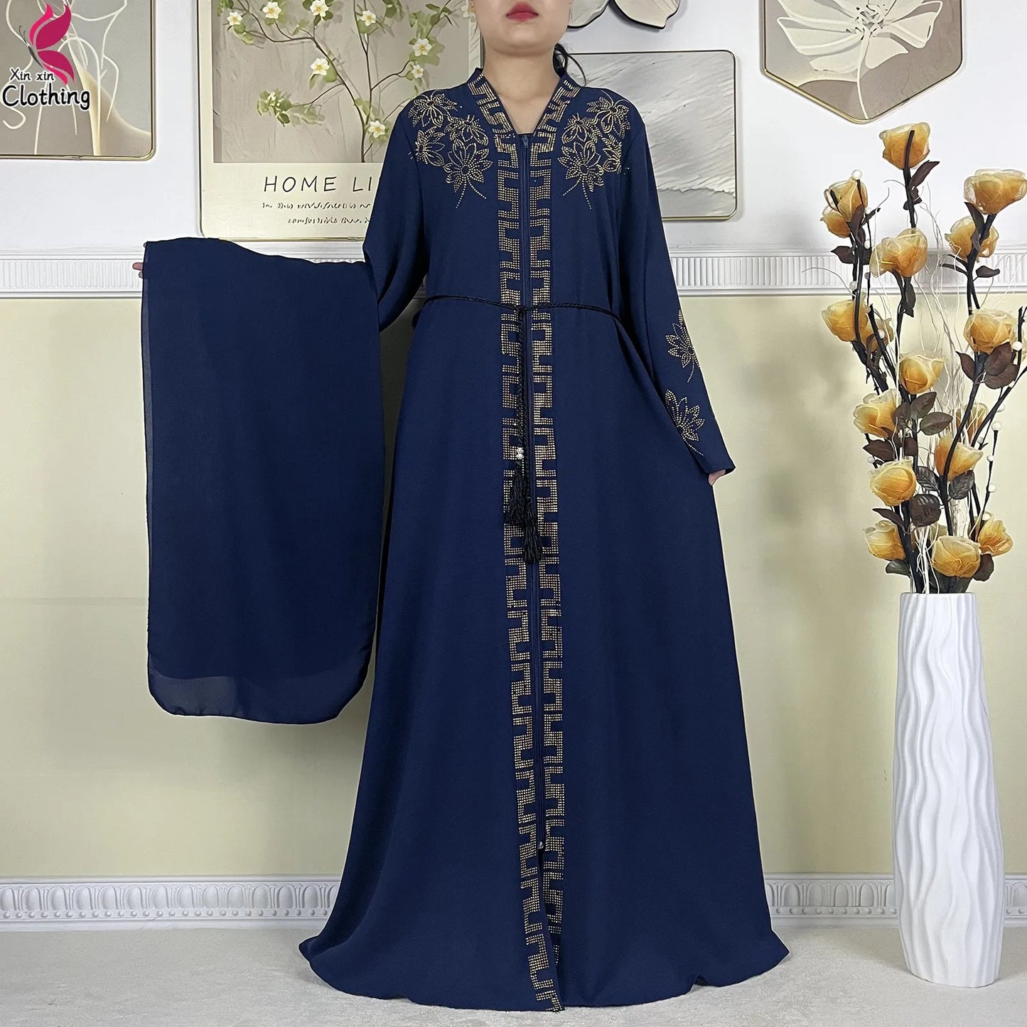 New Muslim Abayas For Women Long Sleeved Dress Dubai Lady Elegant Long Dress Islam Clothing African Abaya Loose Robe With Turban--Color: LS821-3