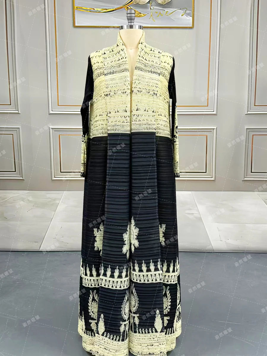 Eid Abaya Dubai Luxury For Women Miyake Pleated Plus Size Middle Eastern Clothing Long Sleeve Coat With Belt Female Formal Robe--Color: Black