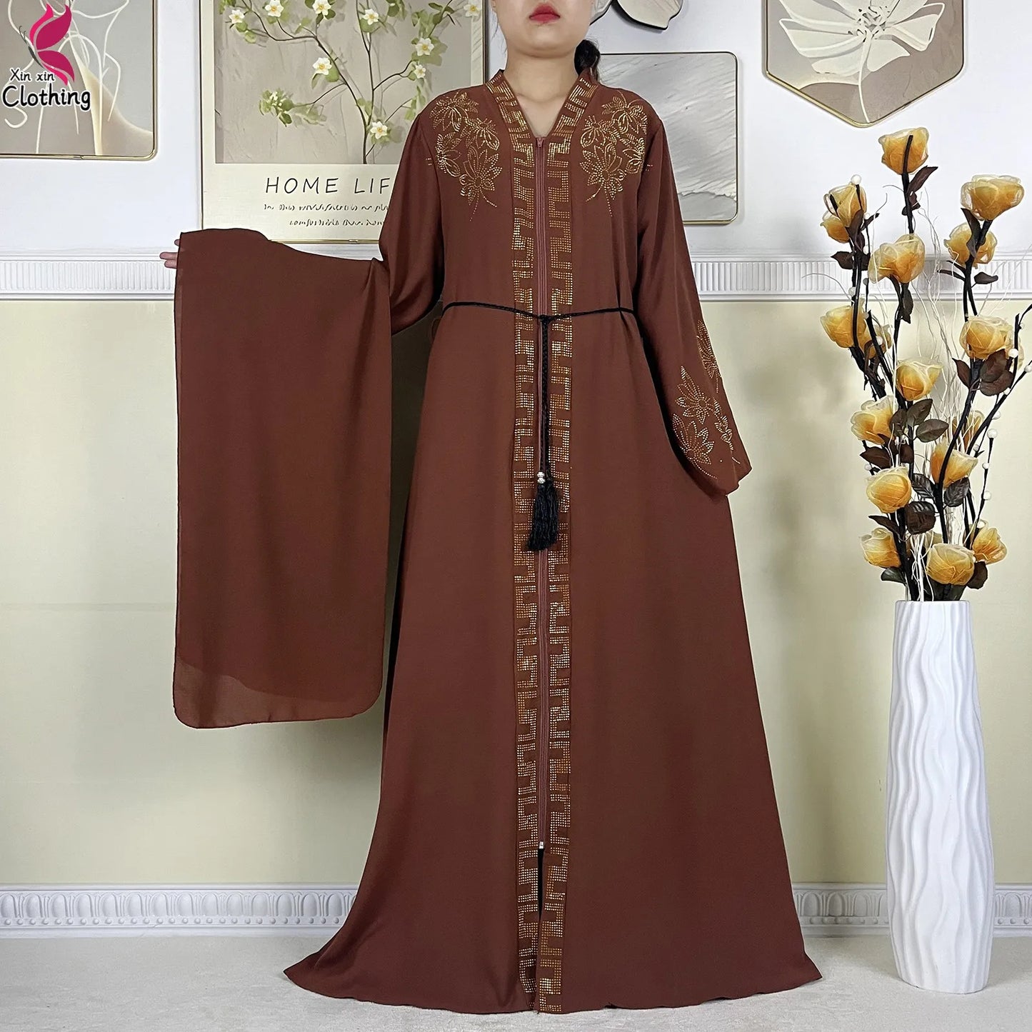 New Muslim Abayas For Women Long Sleeved Dress Dubai Lady Elegant Long Dress Islam Clothing African Abaya Loose Robe With Turban--Color: LS821-5