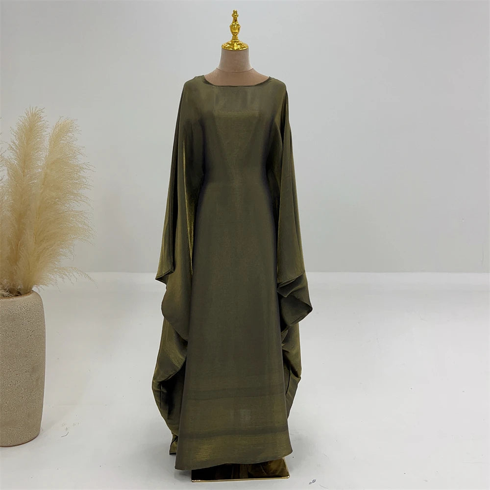 ramadan Eid Abayas For Women Modest Fashion Shimmer Batwing Satin Abaya Dubai Luxury 2024 Muslim Kaftan Dress Kebaya Vestidos--Color: Beige