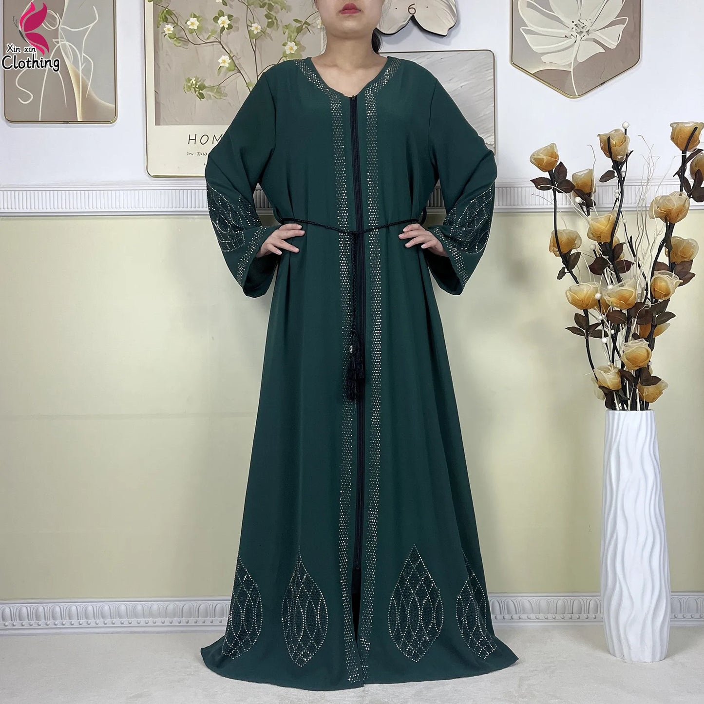New Muslim Abayas For Women Long Sleeved Dress Dubai Lady Elegant Long Dress Islam Clothing African Abaya Loose Robe With Turban--Color: LS821-11
