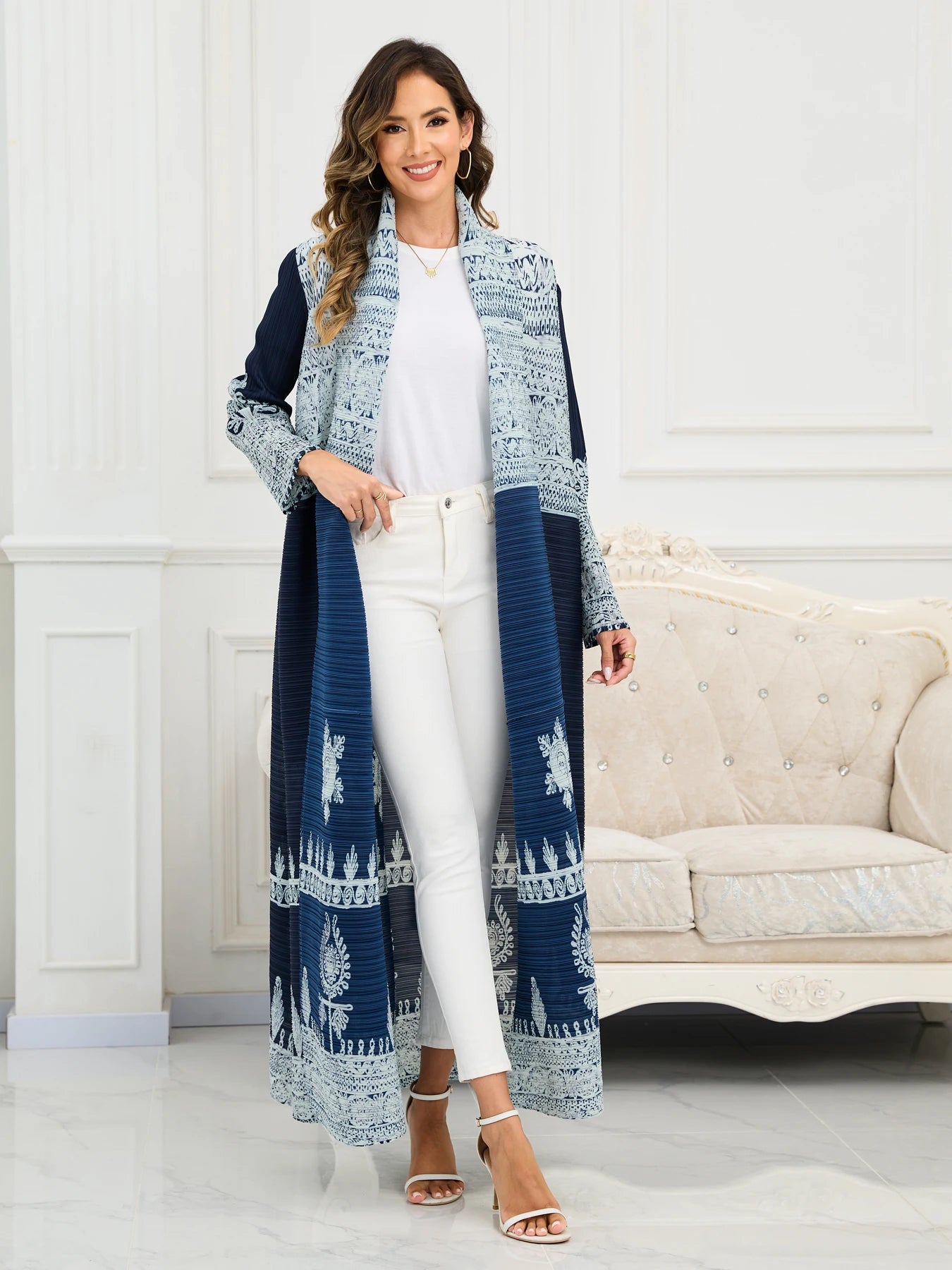 Eid Abaya Dubai Luxury For Women Miyake Pleated Plus Size Middle Eastern Clothing Long Sleeve Coat With Belt Female Formal Robe--Color: Dark Blue