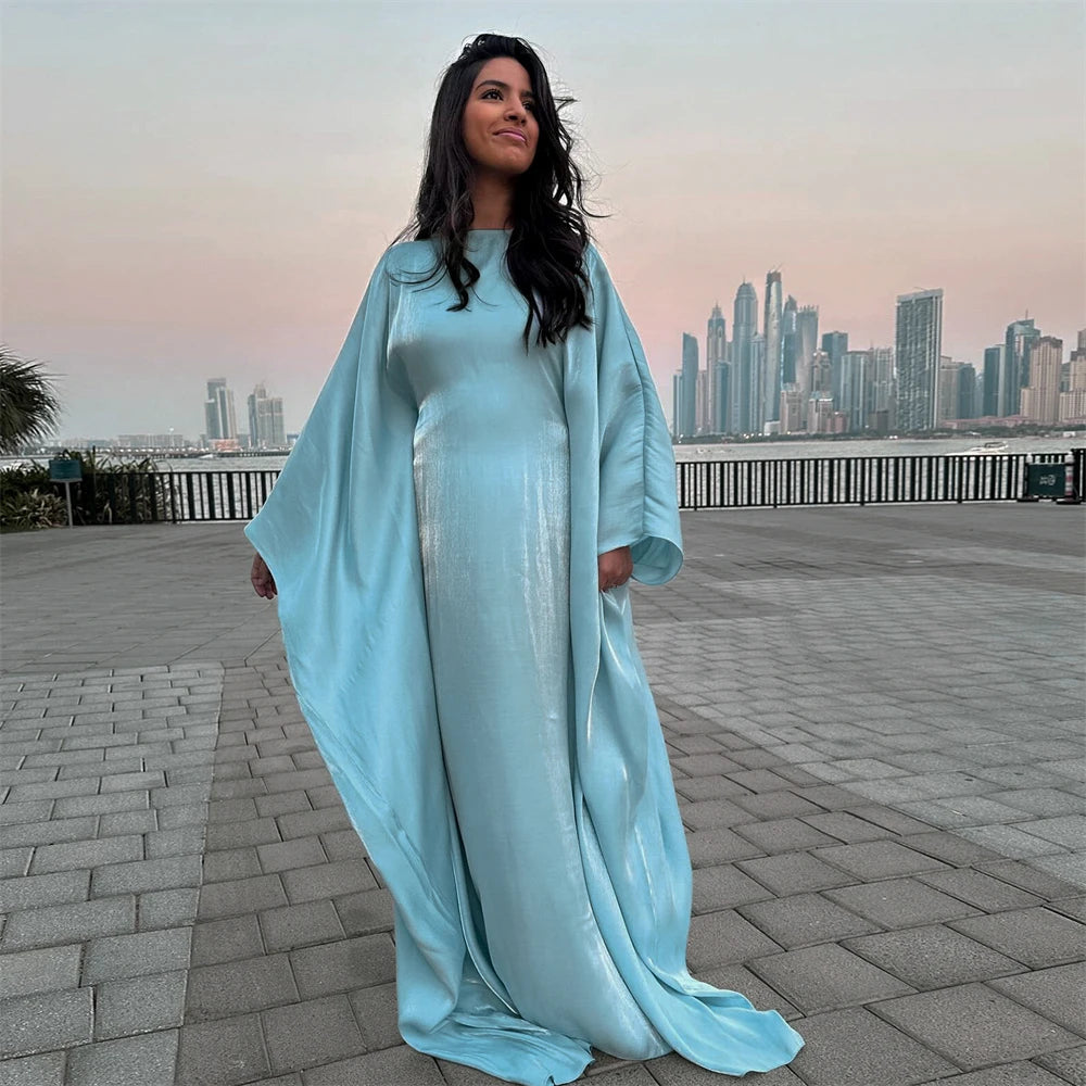 ramadan Eid Abayas For Women Modest Fashion Shimmer Batwing Satin Abaya Dubai Luxury 2024 Muslim Kaftan Dress Kebaya Vestidos--Color: Beige