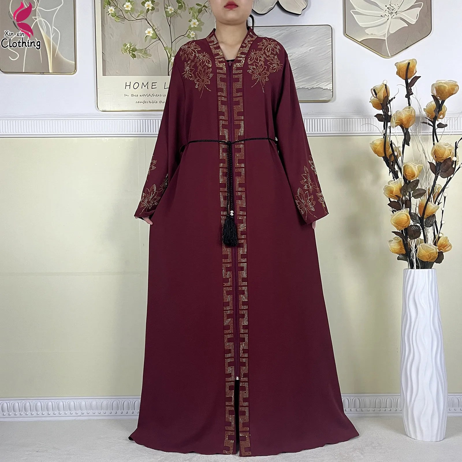 New Muslim Abayas For Women Long Sleeved Dress Dubai Lady Elegant Long Dress Islam Clothing African Abaya Loose Robe With Turban--Color: LS821-11