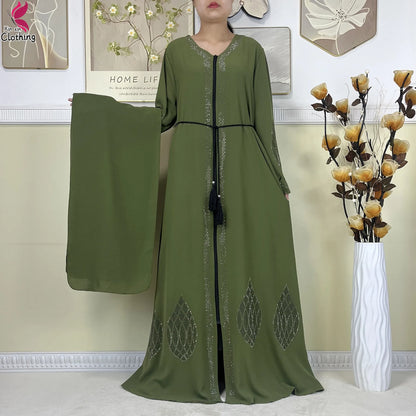 New Muslim Abayas For Women Long Sleeved Dress Dubai Lady Elegant Long Dress Islam Clothing African Abaya Loose Robe With Turban--Color: LS821-12