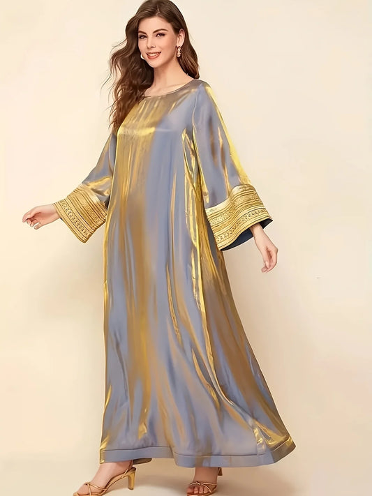 Abaya A Long Dress with a Round Neckline Featuring Directional Reflective Lace Decoration, Elegant Long Sleeves, And a Loose Fit--Color: Gold