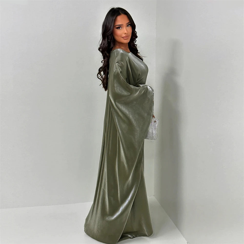 ramadan Eid Abayas For Women Modest Fashion Shimmer Batwing Satin Abaya Dubai Luxury 2024 Muslim Kaftan Dress Kebaya Vestidos--Color: Beige