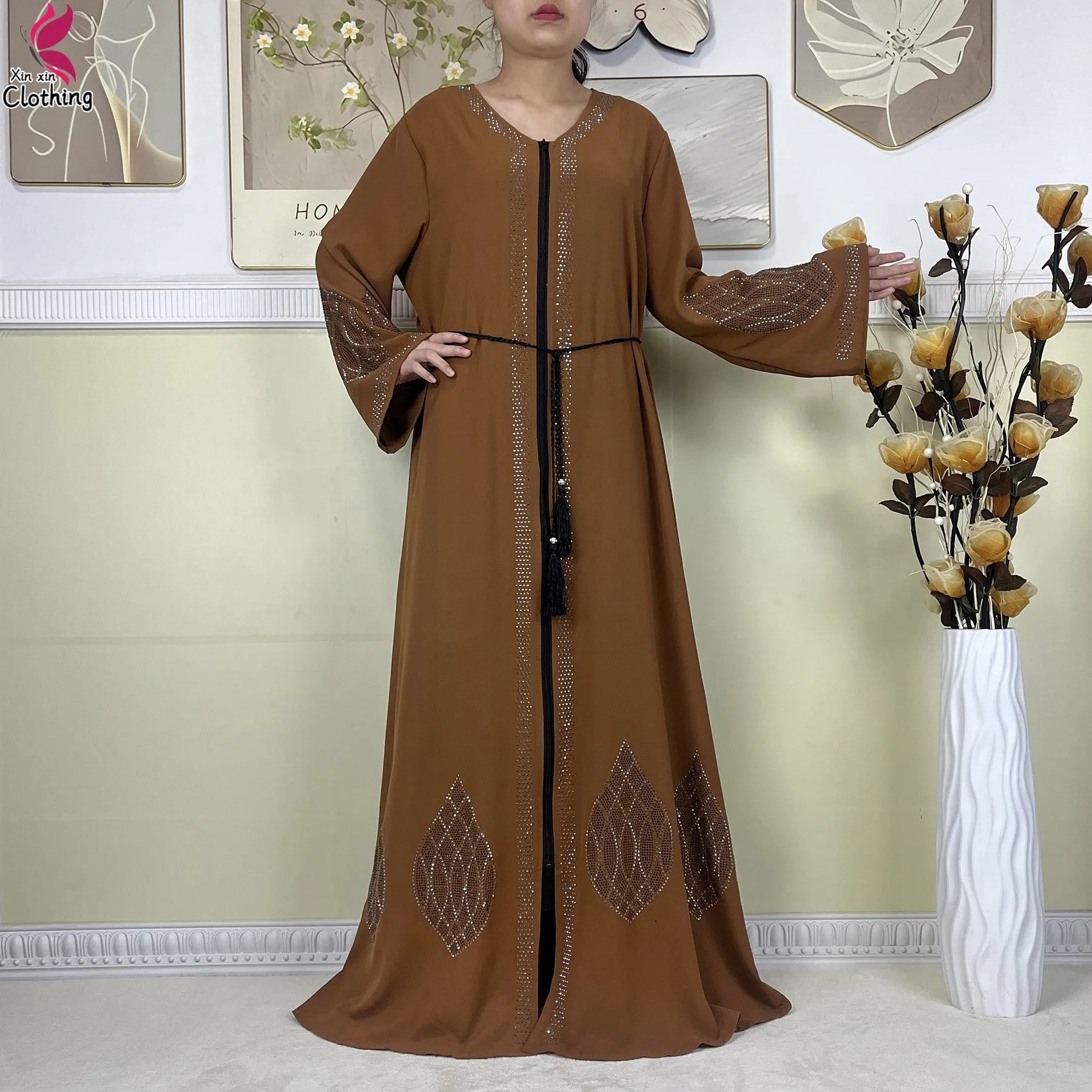 New Muslim Abayas For Women Long Sleeved Dress Dubai Lady Elegant Long Dress Islam Clothing African Abaya Loose Robe With Turban--Color: LS821-11