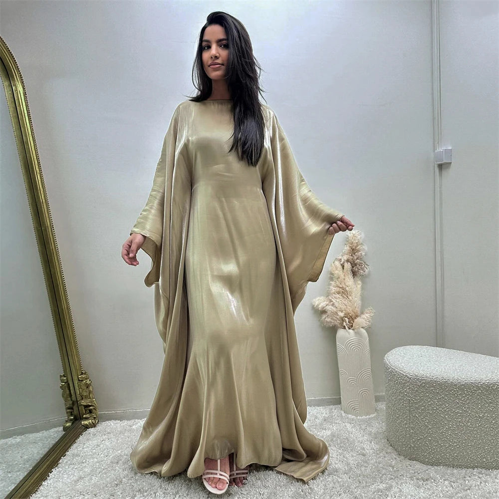 ramadan Eid Abayas For Women Modest Fashion Shimmer Batwing Satin Abaya Dubai Luxury 2024 Muslim Kaftan Dress Kebaya Vestidos--Color: Beige