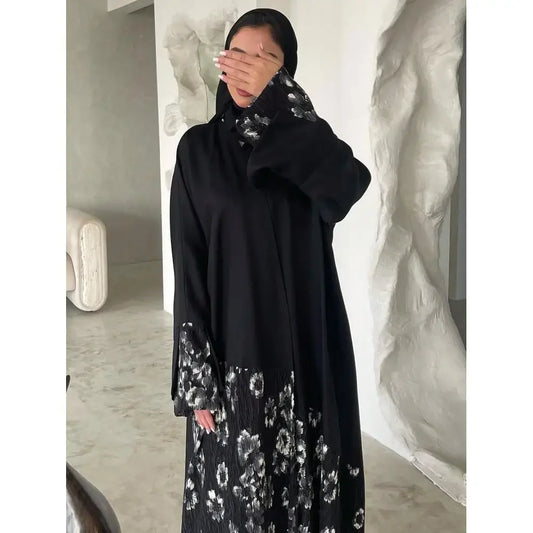 Elegant Abaya Muslim Women Long Sleeve Printed Floral Islamic Abayas Kaftans Jilbabs Maxi Dresses Middle-East Ethnic Clothing--Color: black
