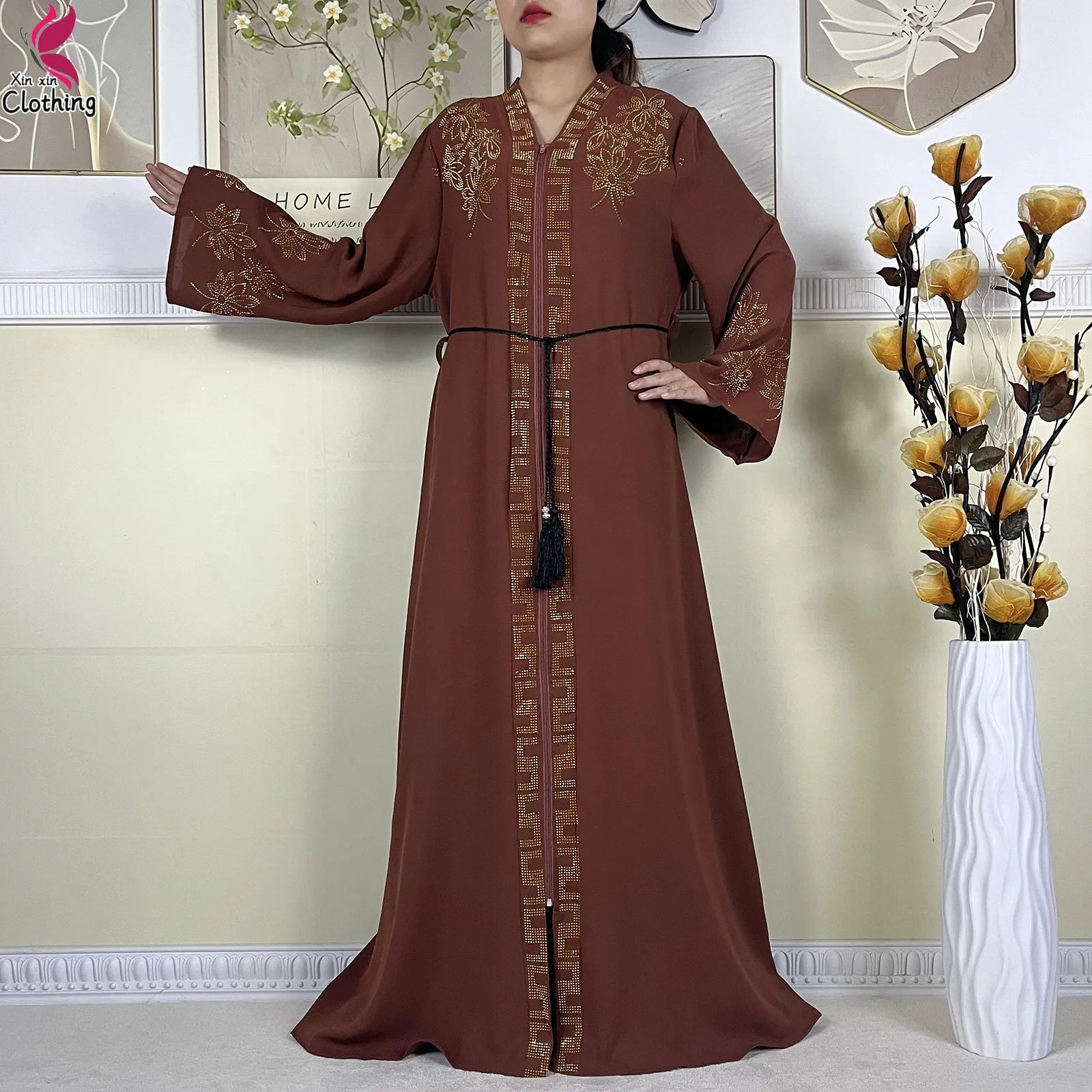 New Muslim Abayas For Women Long Sleeved Dress Dubai Lady Elegant Long Dress Islam Clothing African Abaya Loose Robe With Turban--Color: LS821-11