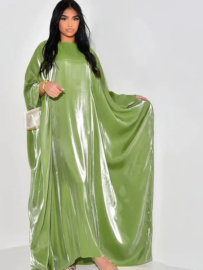 ramadan Eid Abayas For Women Modest Fashion Shimmer Batwing Satin Abaya Dubai Luxury 2024 Muslim Kaftan Dress Kebaya Vestidos--Color: Olive green