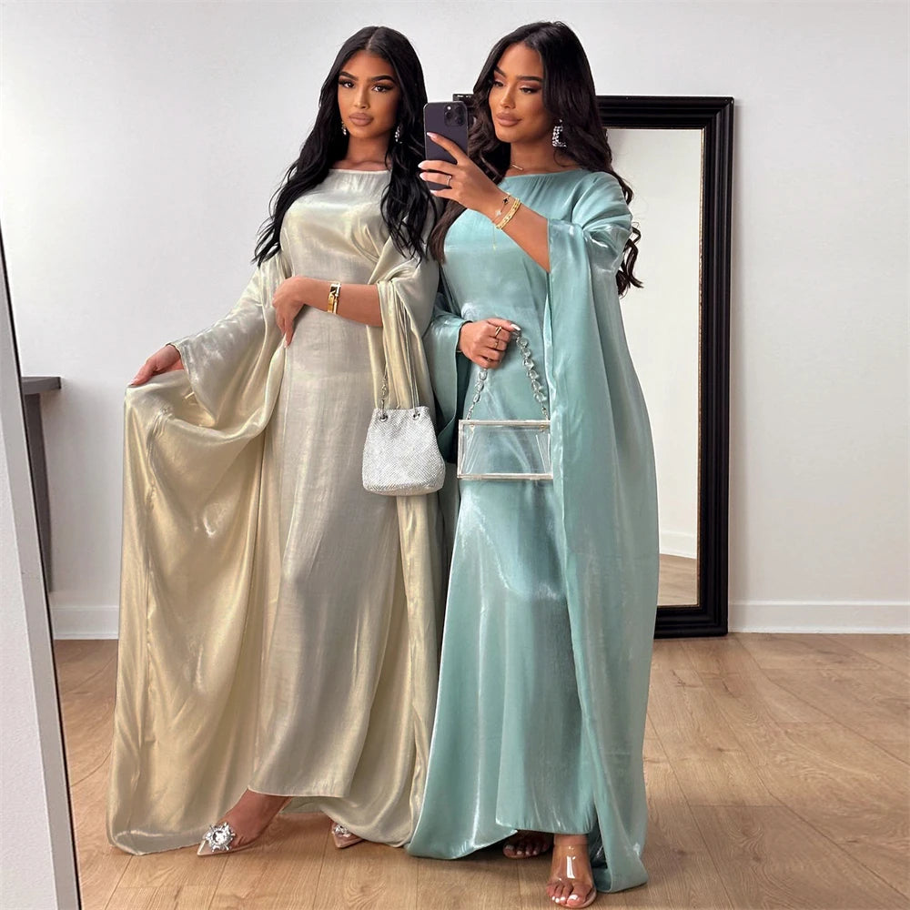 ramadan Eid Abayas For Women Modest Fashion Shimmer Batwing Satin Abaya Dubai Luxury 2024 Muslim Kaftan Dress Kebaya Vestidos--Color: Beige