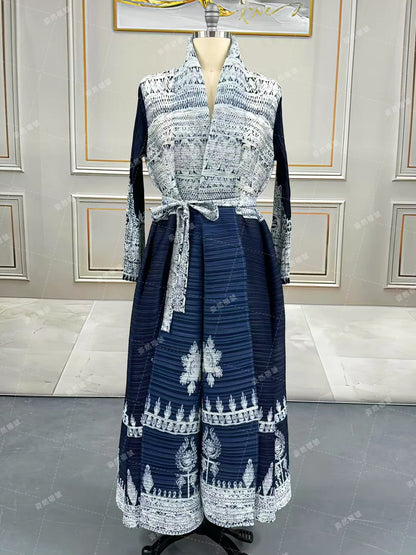 Eid Abaya Dubai Luxury For Women Miyake Pleated Plus Size Middle Eastern Clothing Long Sleeve Coat With Belt Female Formal Robe--Color: Dark Blue