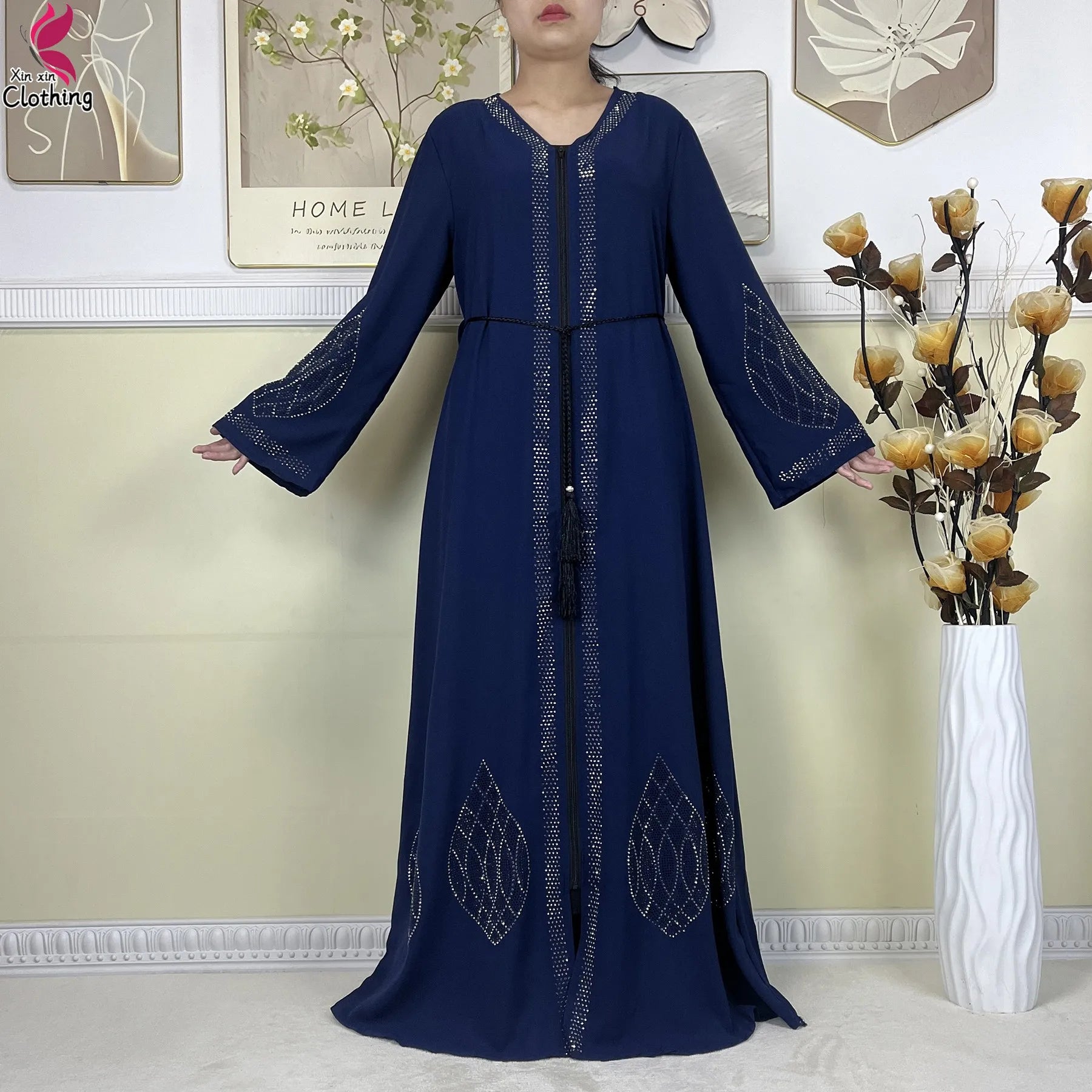 New Muslim Abayas For Women Long Sleeved Dress Dubai Lady Elegant Long Dress Islam Clothing African Abaya Loose Robe With Turban--Color: LS821-11