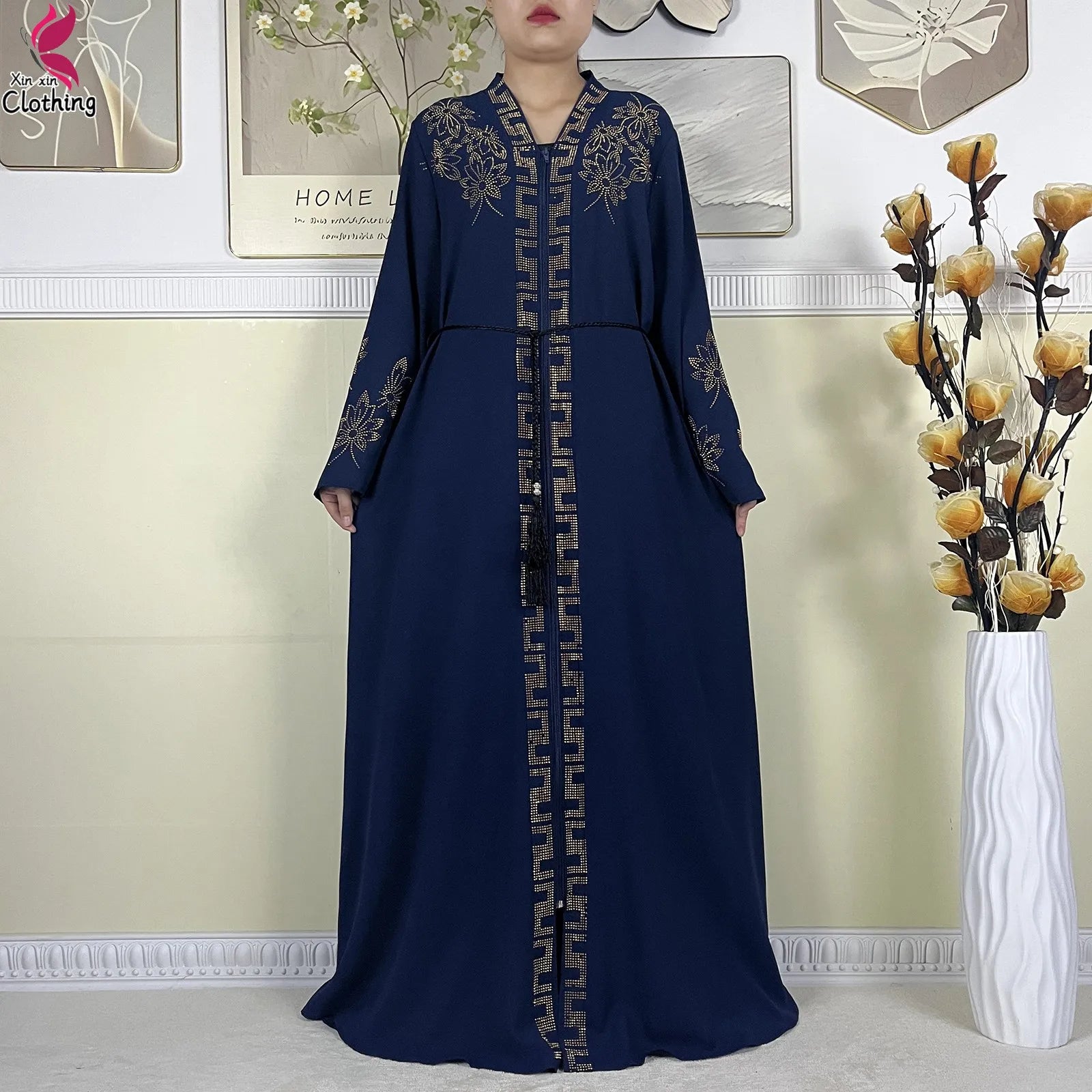 New Muslim Abayas For Women Long Sleeved Dress Dubai Lady Elegant Long Dress Islam Clothing African Abaya Loose Robe With Turban--Color: LS821-11