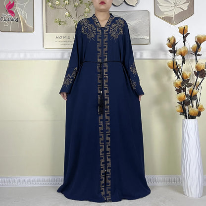New Muslim Abayas For Women Long Sleeved Dress Dubai Lady Elegant Long Dress Islam Clothing African Abaya Loose Robe With Turban--Color: LS821-11