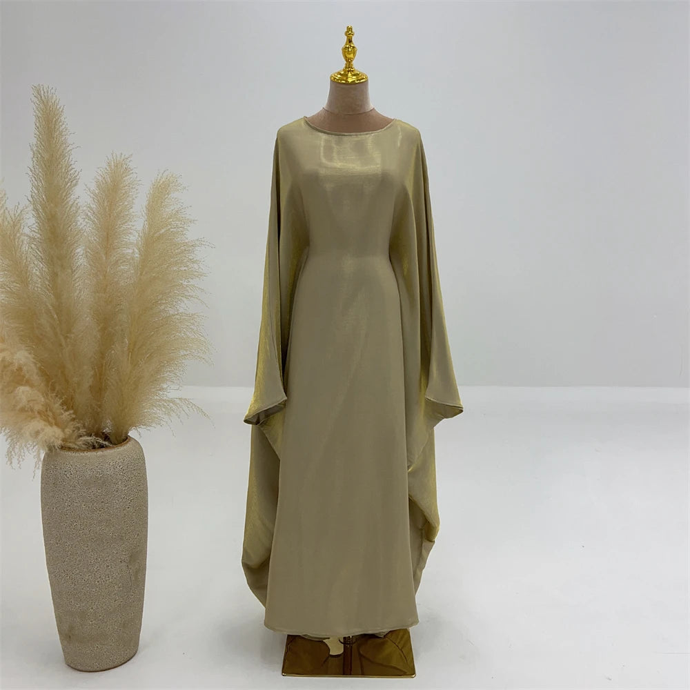 ramadan Eid Abayas For Women Modest Fashion Shimmer Batwing Satin Abaya Dubai Luxury 2024 Muslim Kaftan Dress Kebaya Vestidos--Color: Beige