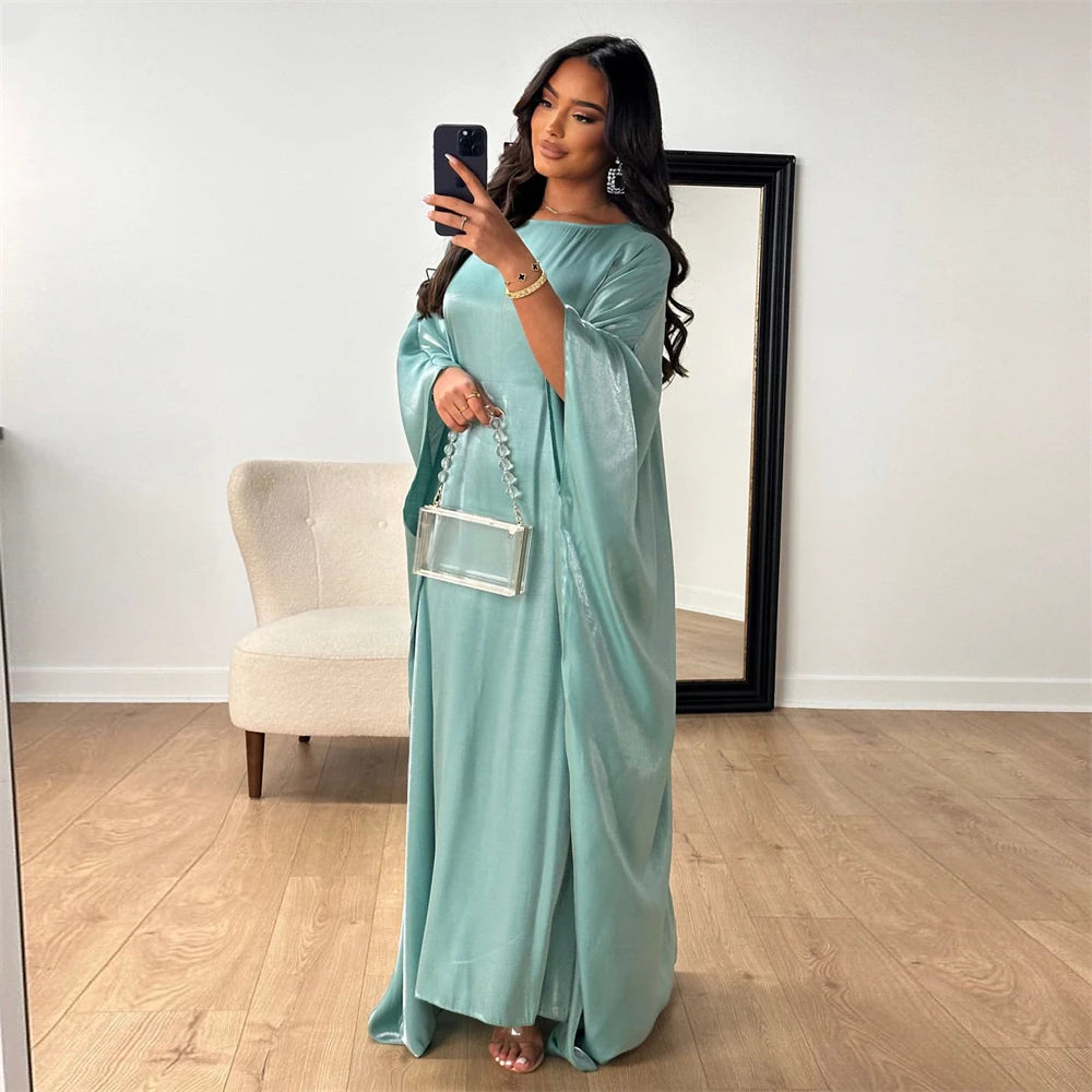 ramadan Eid Abayas For Women Modest Fashion Shimmer Batwing Satin Abaya Dubai Luxury 2024 Muslim Kaftan Dress Kebaya Vestidos--Color: Beige
