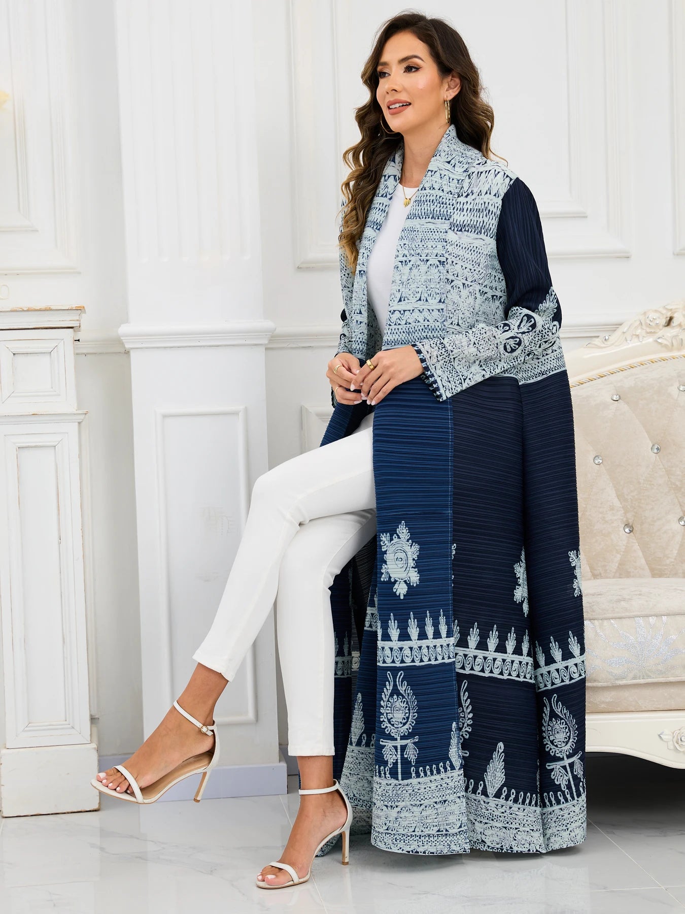 Eid Abaya Dubai Luxury For Women Miyake Pleated Plus Size Middle Eastern Clothing Long Sleeve Coat With Belt Female Formal Robe--Color: Dark Blue