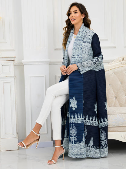 Eid Abaya Dubai Luxury For Women Miyake Pleated Plus Size Middle Eastern Clothing Long Sleeve Coat With Belt Female Formal Robe--Color: Dark Blue