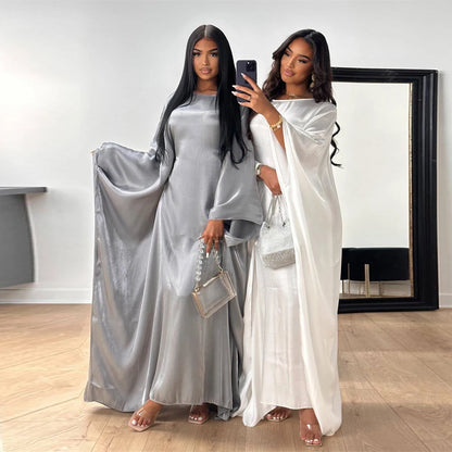 ramadan Eid Abayas For Women Modest Fashion Shimmer Batwing Satin Abaya Dubai Luxury 2024 Muslim Kaftan Dress Kebaya Vestidos--Color: Beige