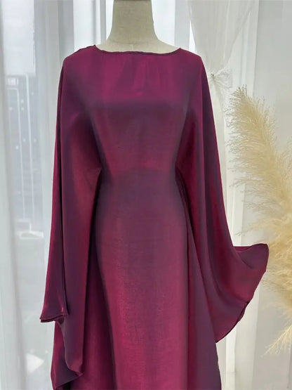ramadan Eid Abayas For Women Modest Fashion Shimmer Batwing Satin Abaya Dubai Luxury 2024 Muslim Kaftan Dress Kebaya Vestidos--Color: Wine Red