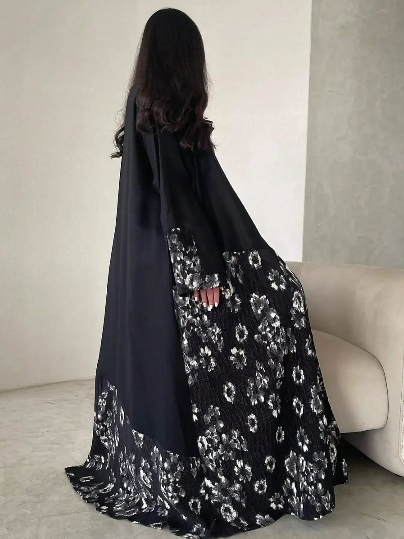 Elegant Abaya Muslim Women Long Sleeve Printed Floral Islamic Abayas Kaftans Jilbabs Maxi Dresses Middle-East Ethnic Clothing--Color: black