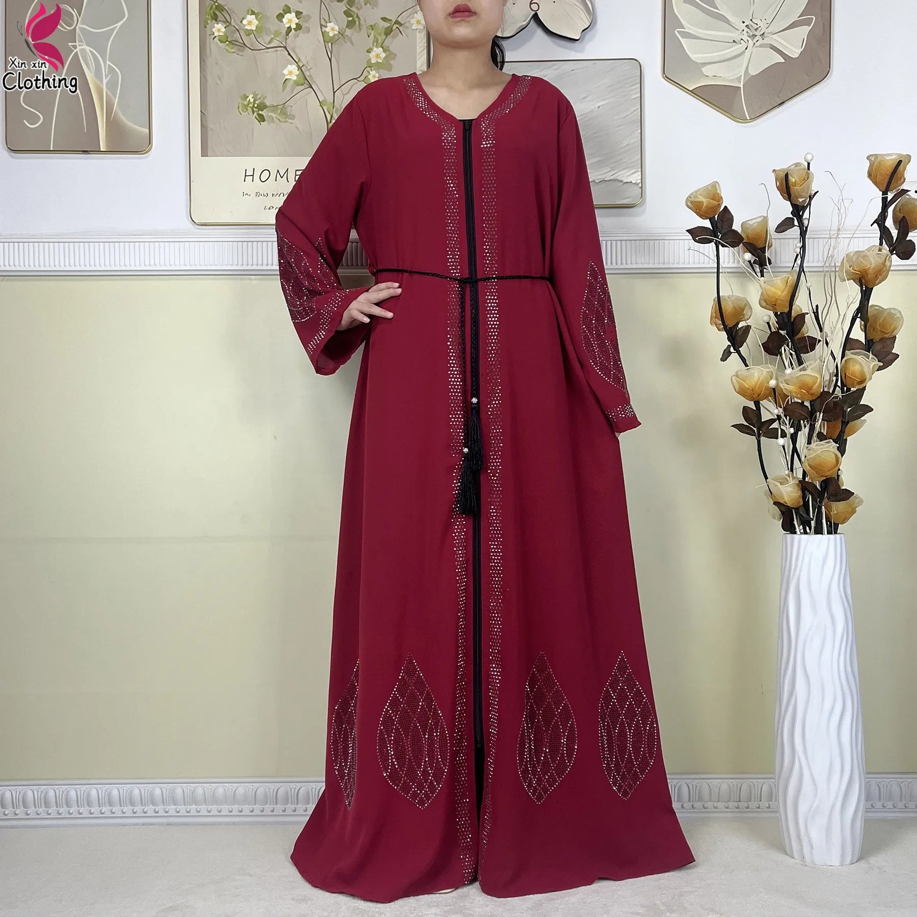 New Muslim Abayas For Women Long Sleeved Dress Dubai Lady Elegant Long Dress Islam Clothing African Abaya Loose Robe With Turban--Color: LS821-11