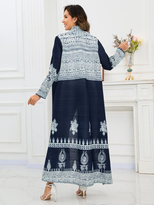Eid Abaya Dubai Luxury For Women Miyake Pleated Plus Size Middle Eastern Clothing Long Sleeve Coat With Belt Female Formal Robe--Color: Dark Blue