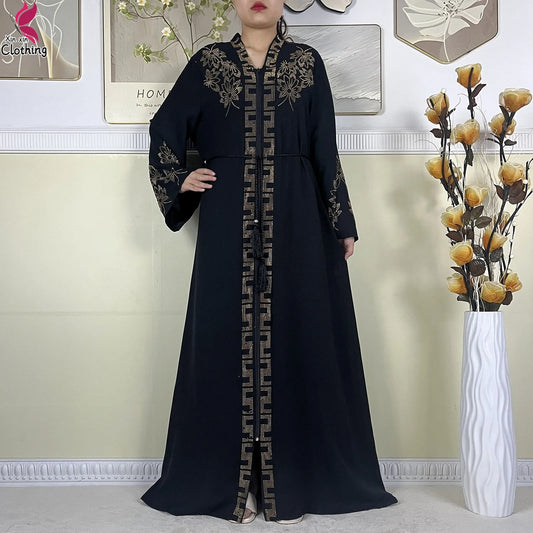New Muslim Abayas For Women Long Sleeved Dress Dubai Lady Elegant Long Dress Islam Clothing African Abaya Loose Robe With Turban--Color: LS821-11