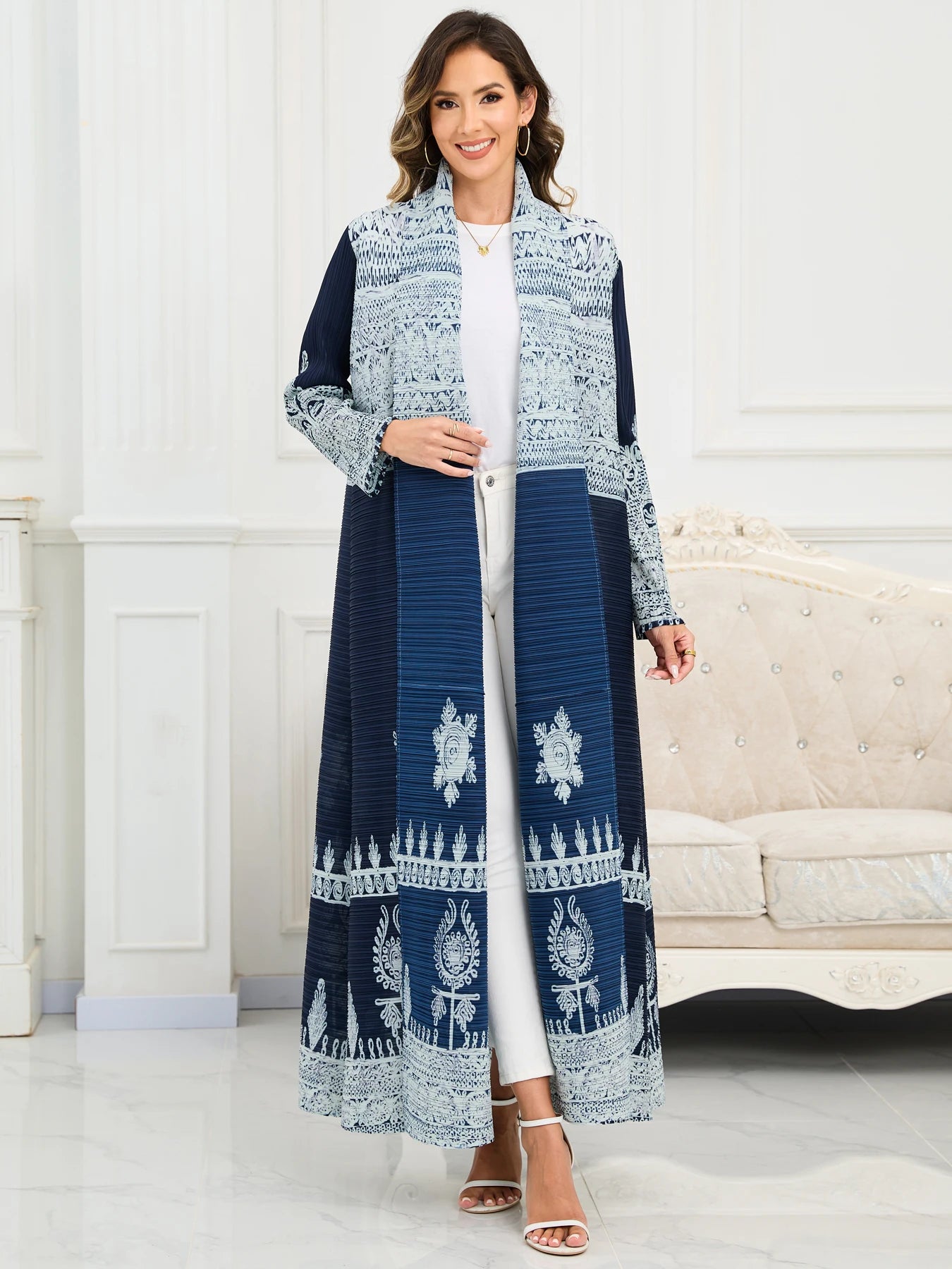 Eid Abaya Dubai Luxury For Women Miyake Pleated Plus Size Middle Eastern Clothing Long Sleeve Coat With Belt Female Formal Robe--Color: Dark Blue
