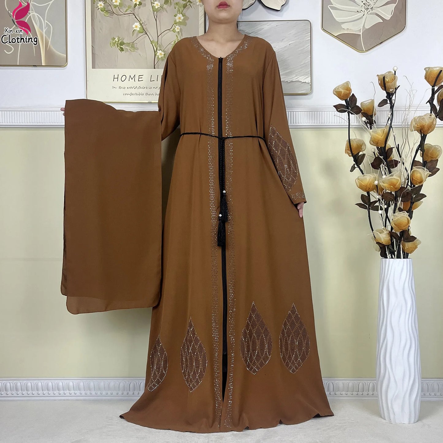 New Muslim Abayas For Women Long Sleeved Dress Dubai Lady Elegant Long Dress Islam Clothing African Abaya Loose Robe With Turban--Color: LS821-10