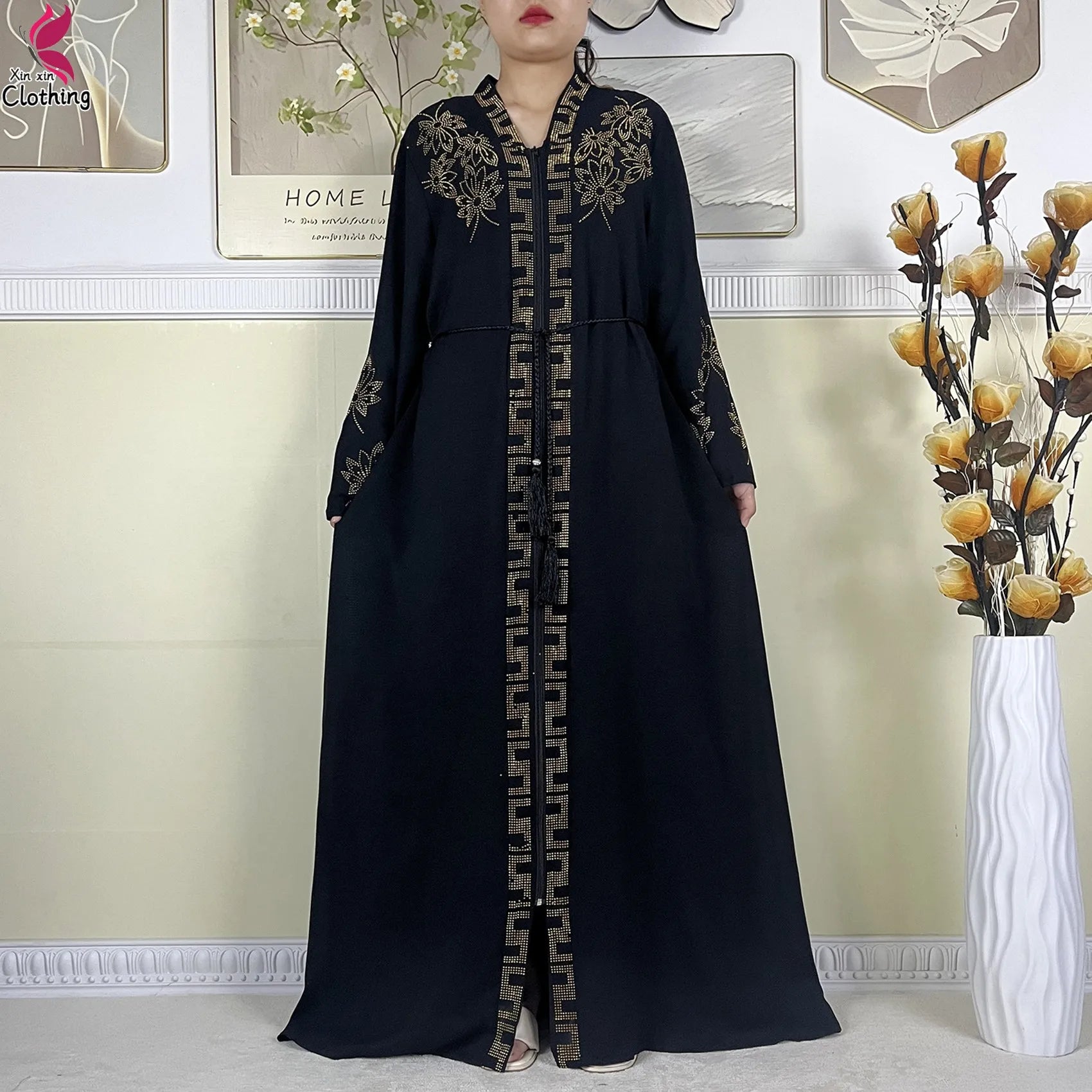 New Muslim Abayas For Women Long Sleeved Dress Dubai Lady Elegant Long Dress Islam Clothing African Abaya Loose Robe With Turban--Color: LS821-11