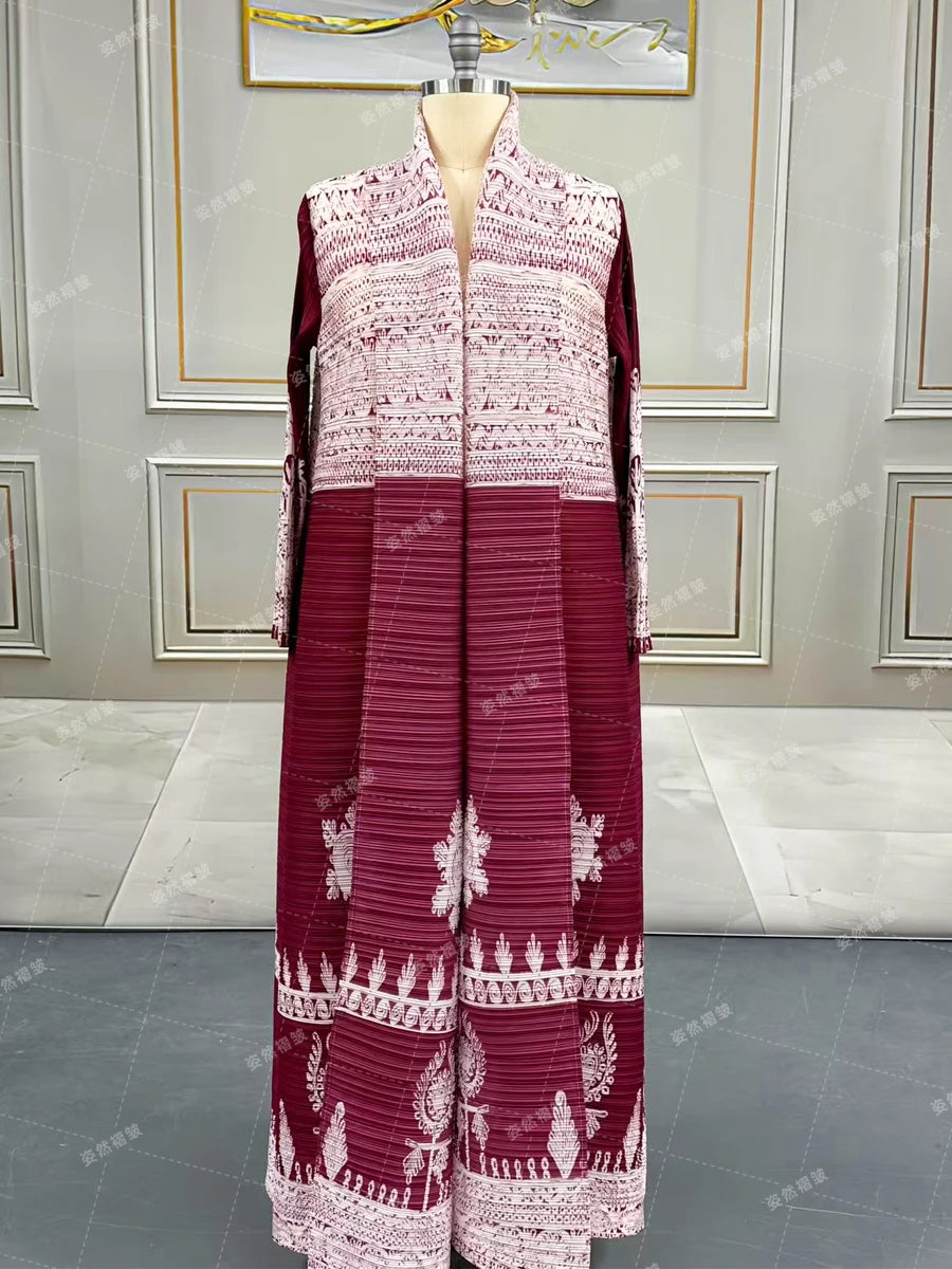 Eid Abaya Dubai Luxury For Women Miyake Pleated Plus Size Middle Eastern Clothing Long Sleeve Coat With Belt Female Formal Robe--Color: Red