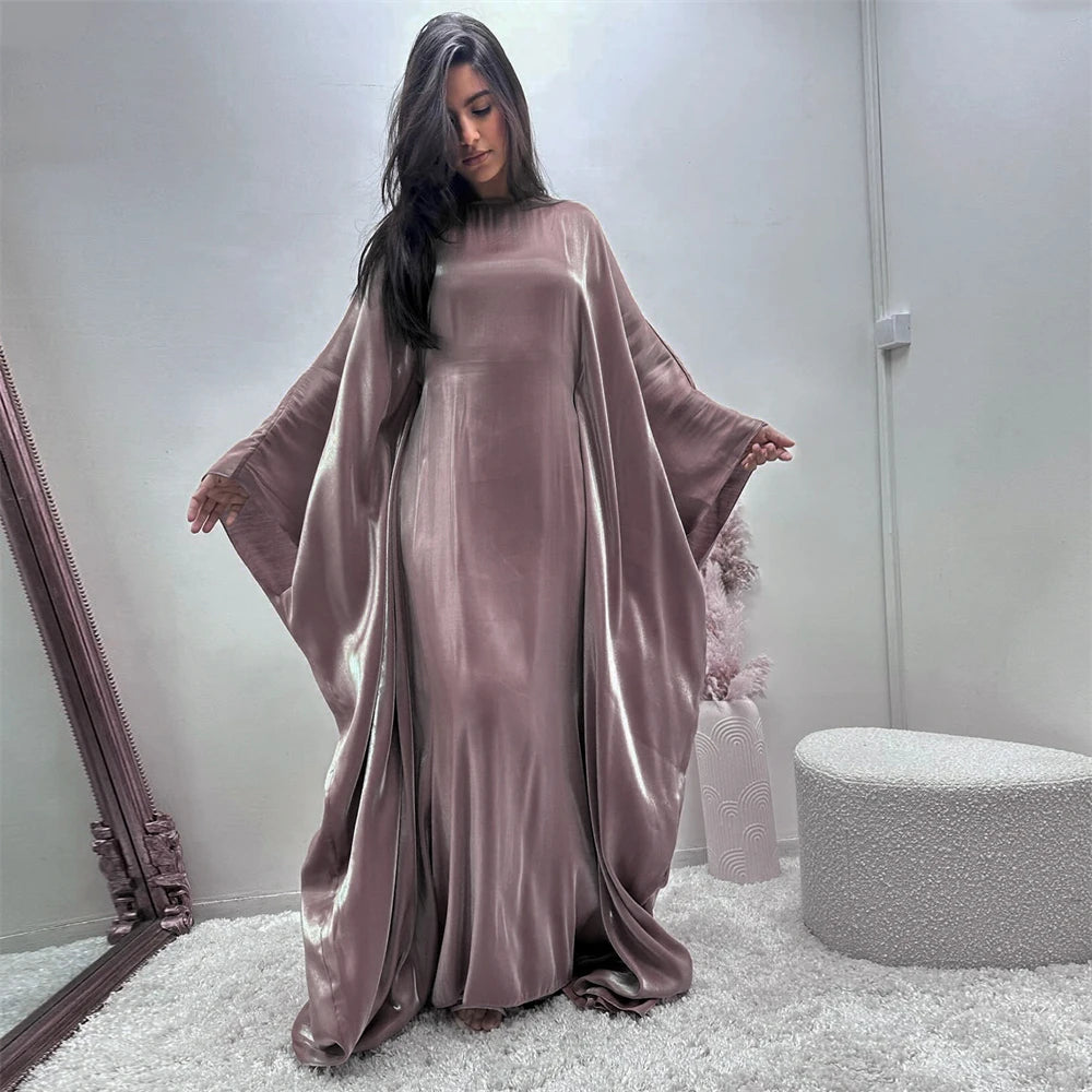 ramadan Eid Abayas For Women Modest Fashion Shimmer Batwing Satin Abaya Dubai Luxury 2024 Muslim Kaftan Dress Kebaya Vestidos--Color: Beige