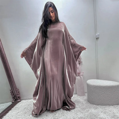 ramadan Eid Abayas For Women Modest Fashion Shimmer Batwing Satin Abaya Dubai Luxury 2024 Muslim Kaftan Dress Kebaya Vestidos--Color: Beige