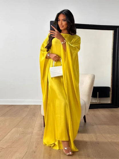 ramadan Eid Abayas For Women Modest Fashion Shimmer Batwing Satin Abaya Dubai Luxury 2024 Muslim Kaftan Dress Kebaya Vestidos--Color: Yellow