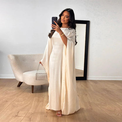 ramadan Eid Abayas For Women Modest Fashion Shimmer Batwing Satin Abaya Dubai Luxury 2024 Muslim Kaftan Dress Kebaya Vestidos--Color: Beige