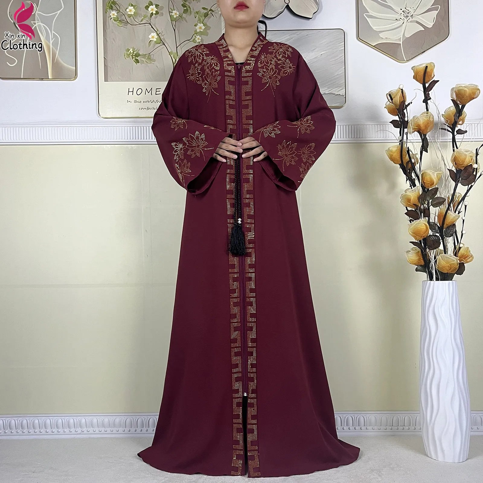 New Muslim Abayas For Women Long Sleeved Dress Dubai Lady Elegant Long Dress Islam Clothing African Abaya Loose Robe With Turban--Color: LS821-11