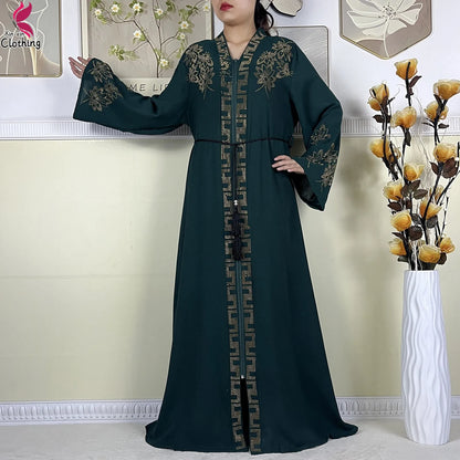 New Muslim Abayas For Women Long Sleeved Dress Dubai Lady Elegant Long Dress Islam Clothing African Abaya Loose Robe With Turban--Color: LS821-11