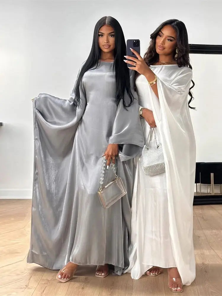 ramadan Eid Abayas For Women Modest Fashion Shimmer Batwing Satin Abaya Dubai Luxury 2024 Muslim Kaftan Dress Kebaya Vestidos--Color: Beige