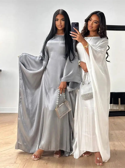 ramadan Eid Abayas For Women Modest Fashion Shimmer Batwing Satin Abaya Dubai Luxury 2024 Muslim Kaftan Dress Kebaya Vestidos--Color: Beige
